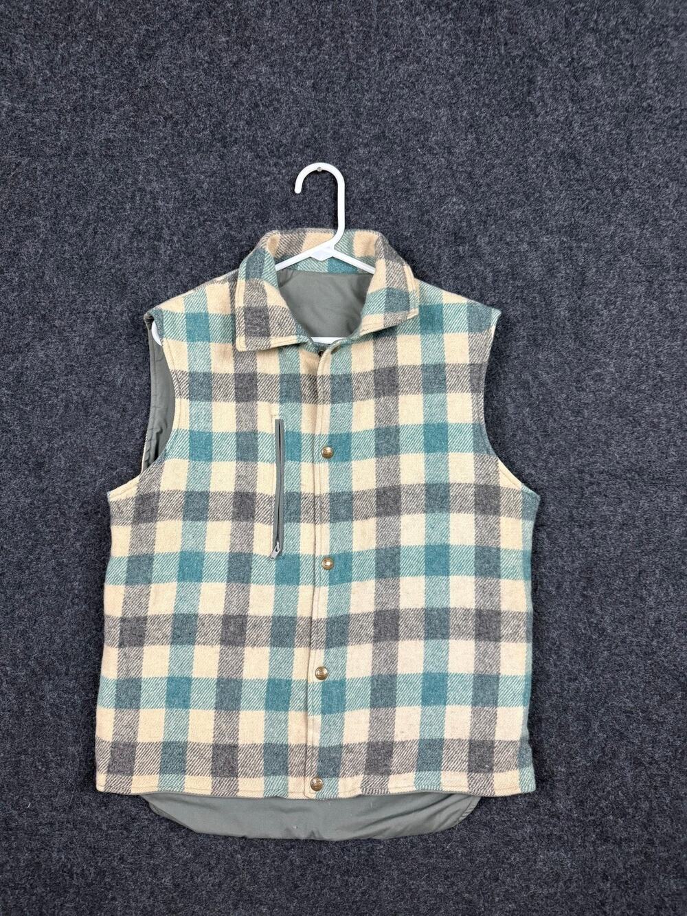 Men's Plaid Insulated Vest Teal Gray Cream Button Front Pockets Medium